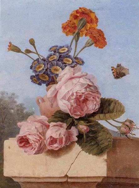unknow artist Still life of roses,carnations and polyanthers in a terracotta urn,upon a stone ledge,together with a tortoiseshell butterfly France oil painting art